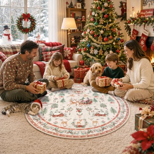 Lahome 4ft Round Christmas Rug - Reindeer Sleigh Design, Beige