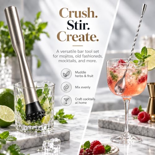 LEGERM 12-Inch Stainless Steel Cocktail Muddler & Bar Spoon Set for Mojitos, Lime & Fruit Drinks