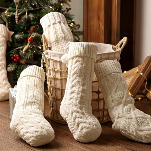 5-Pack 18-Inch Cable Knit Christmas Stockings - Rustic Farmhouse Decor