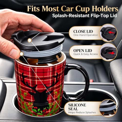 Topadorn Christmas Plaid Deer Ceramic Coffee Mug with Lid, 17oz Travel Cup
