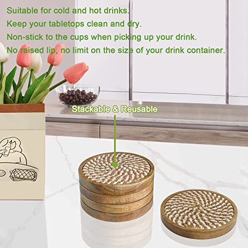 Eykao 5 Pack Woven Wooden Drink Coasters - Absorbent, 4.3-inch, Farmhouse Brown & White Variation