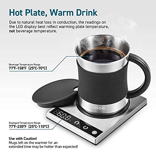 Cosori Silver Coffee Mug Warmer & Mug Set - Precise 1°F Temperature Control, 17oz Stainless Steel