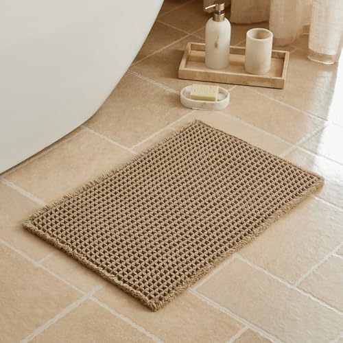 Triohero Waffle Bath Mat - Non-Slip Boho Bathroom Rug, 16" x 24" Khaki