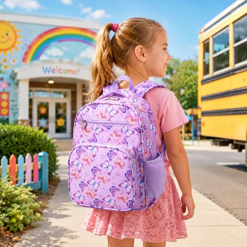 Kids Butterfly Backpack for Girls - 15 Inch School Bookbag with Insulated Pocket