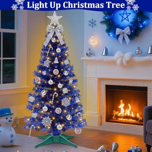 TURNMEON Blue 4 Ft Lighted Artificial Christmas Tree with Warm White Lights & Ornaments
