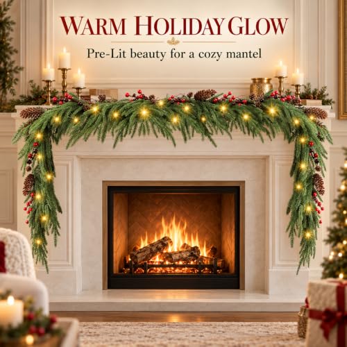 MERRI GLOW 9ft Real-Touch Norfolk Pine Garland - Pre-Lit Artificial Christmas Garland