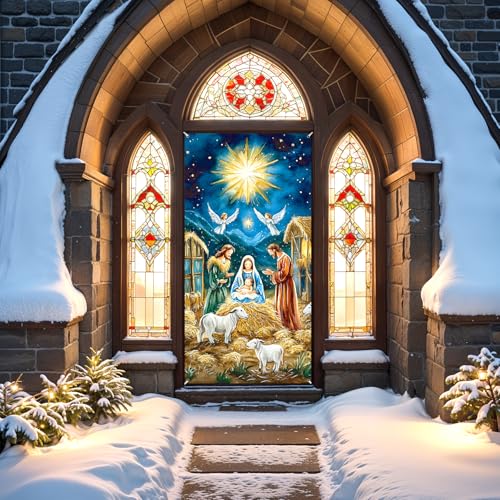 Religious Christmas Nativity Door Cover - Jesus Holy Night Scene, Blue & Gold, 70x35 inches
