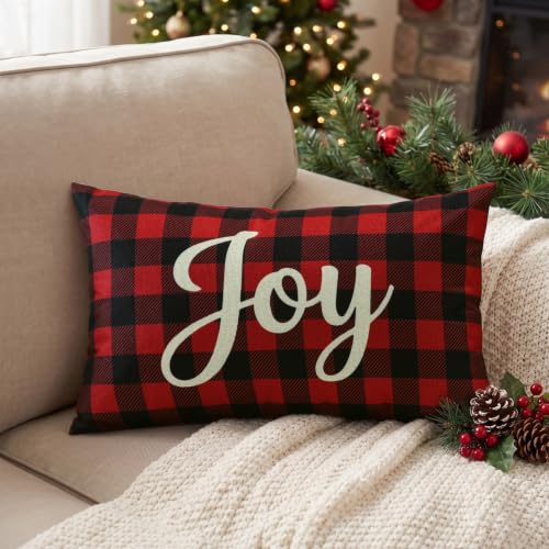Artscope Joy Merry Christmas Lumbar Throw Pillow Covers 16x24 in Black & Red (Set of 2)