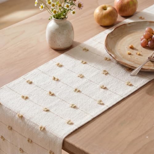 Artoid Mode Taupe Beige 12x90 Inch Cotton Table Runner - Boho Farmhouse Fall Kitchen Decor
