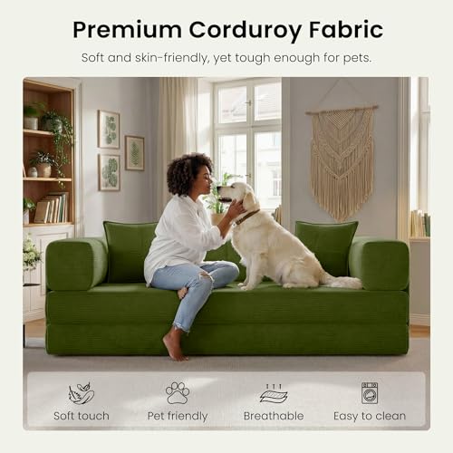 78.8" Convertible Futon Sofa Bed - Corduroy Floor Sleeper Couch, Green