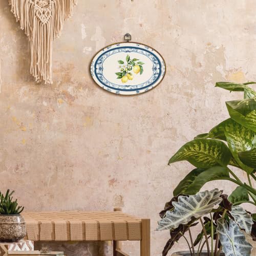 Chinoiserie Lemon Oval Wall Art, Framed Blue and White Floral Canvas Decor