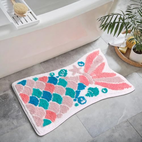 Mermaid Tail Bath Mat for Kids, Pink Teal, Non-Slip, 32" x 20"
