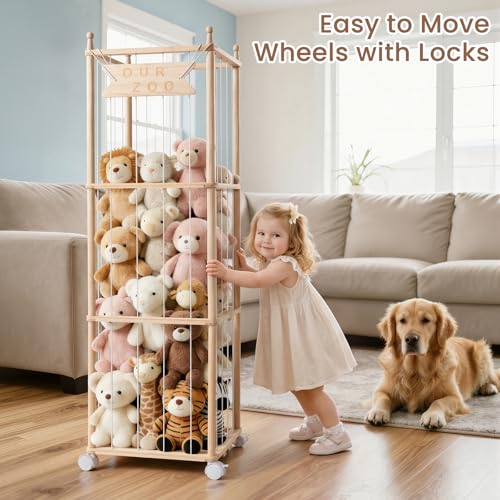 Wooden Stuffed Animal Storage with Wheels - Large Plush Toy Organizer