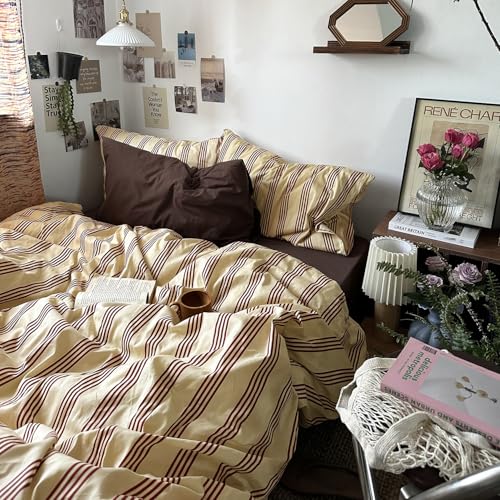 Retro Striped Cotton Duvet Cover Set Queen - 3-Piece Vintage Red Bedding