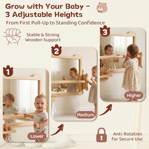 Montessori Baby Mirror with Adjustable Pull-Up Bar & Storage Shelf