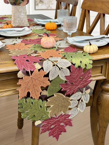 KEVA Fall 13x90 Inch Table Runner with Embroidered Maple Leaves for Thanksgiving & Autumn Decor