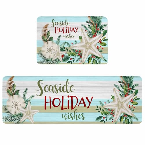 Carosoffe Coastal Christmas Kitchen Rugs 2 Pack, Non-Slip Absorbent Mat Set, 18x30 & 18x47 Inches, Seaside Holiday Decor
