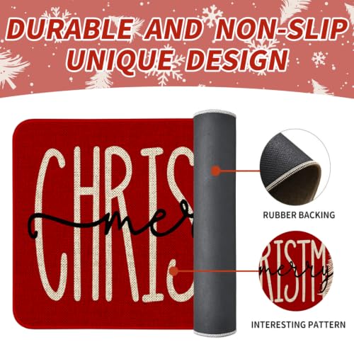 Christmas Kitchen Mats Set of 2 with Tree & Snowflake on Red—Non-Slip, 17x30 & 17x47 in