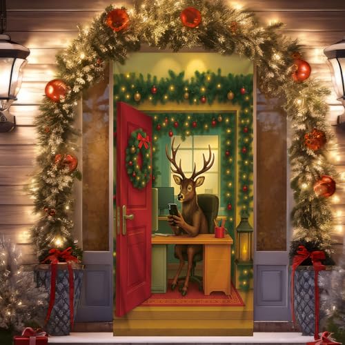 Preboun Christmas Door Cover Reindeer Holiday Banner 70x35 Inch Indoor Outdoor Decor