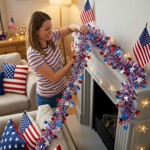 50ft Patriotic Tinsel Garland - Red White & Blue Metallic Star Decor