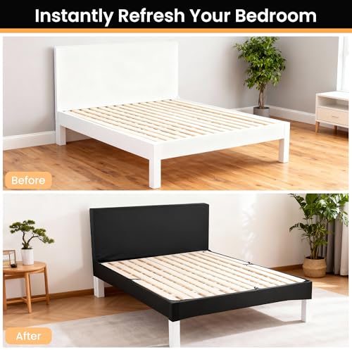 PU Leather Bed Frame & Headboard Cover - Queen Size, Black