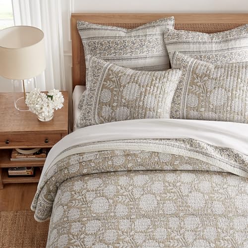 Floral Print Euro Sham, 26x26 inch Cotton Decorative Pillow Cover, Taupe