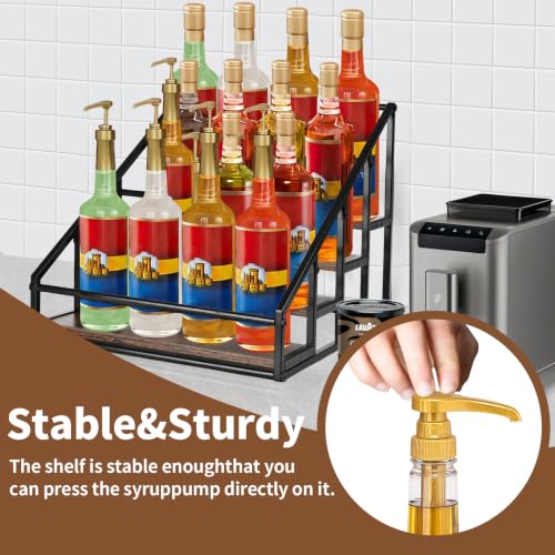 4-Tier Coffee Syrup Organizer Rack - 16 Bottle Rustic Wood Countertop Holder