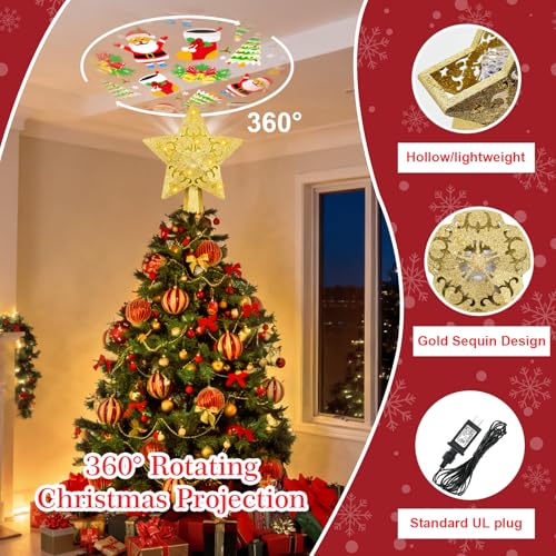 Sparkling Gold Star Christmas Tree Topper with LED Rotating Projector