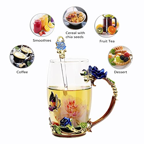 DUMVOIN Blue Enamel Flower Glass Coffee Mug Set with Spoons - Tea & Gift Set for Women & Tea Lovers