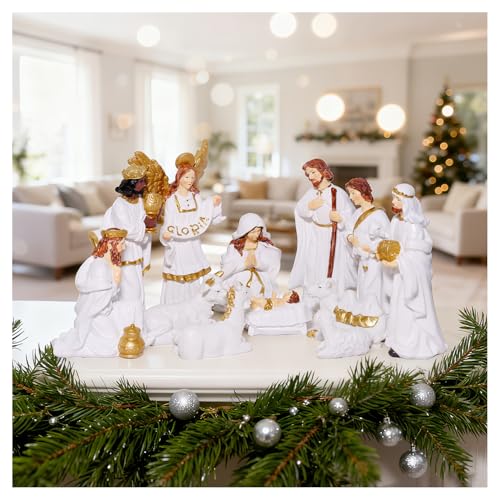 12-Piece Nativity Scene Set for Christmas - Holy Family & Stable Figures, 6 Inch Resin Decorations