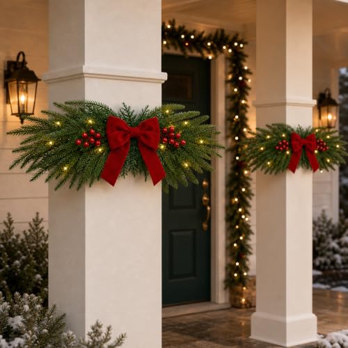 21.7-Inch Pre-Lit Christmas Swags for Garage Lights - 2-Pack Artificial Pine