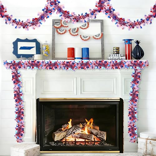 50FT Patriotic Tinsel Garland with Red White & Blue Stars for 4th of July