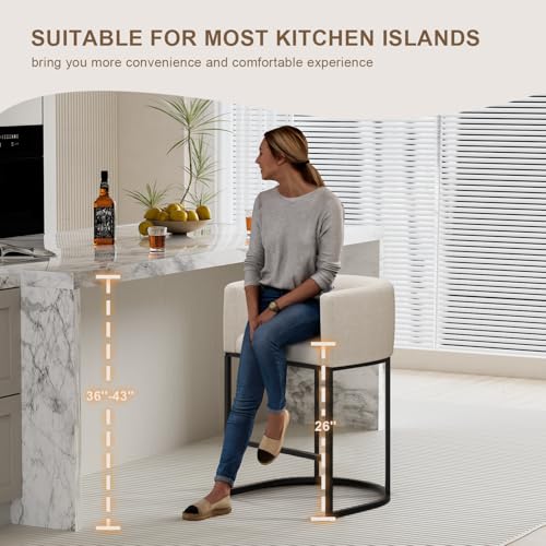 26-Inch Modern Barrel Counter Stools Set of 2, Linen Fabric Upholstered