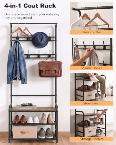 4-in-1 Hall Tree with Shoe Bench and Coat Rack - 71-Inch Mudroom Organizer