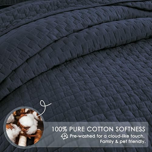 Navy Blue 100% Cotton Queen Quilt Set - 3-Piece Lightweight Bedspread
