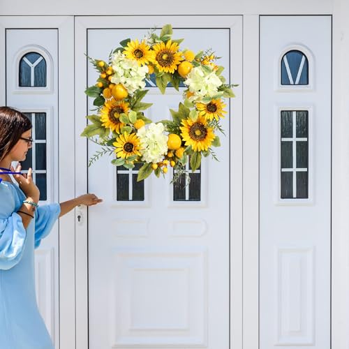 22-Inch Sunflower and Hydrangea Wreath with Lemons for Front Door