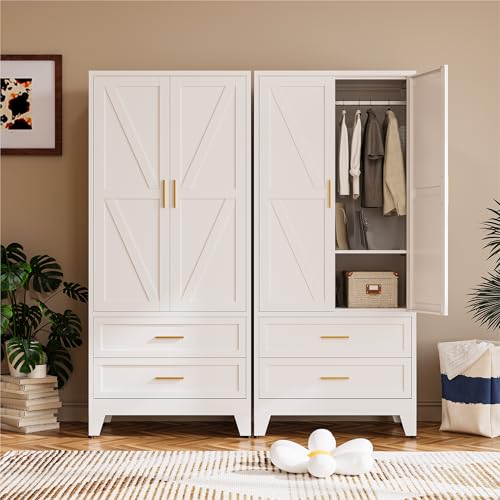71" Metal Wardrobe Closet with 2 Drawers, Hanging Rod & Adjustable Shelf