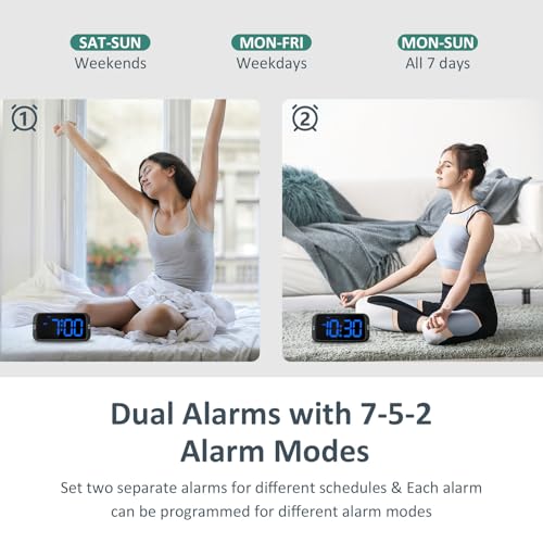 Digital Dual Alarm Clock for Bedroom - 0-100% Dimmable Blue Display