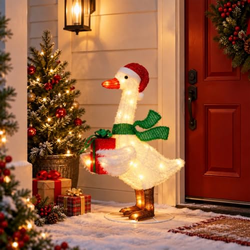 MUMTOP Lighted Christmas Goose Decoration with Santa Hat & Gift Box - White & Green