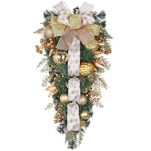 27.5-Inch Artificial Christmas Teardrop Swag with Gold Ornaments and Bow