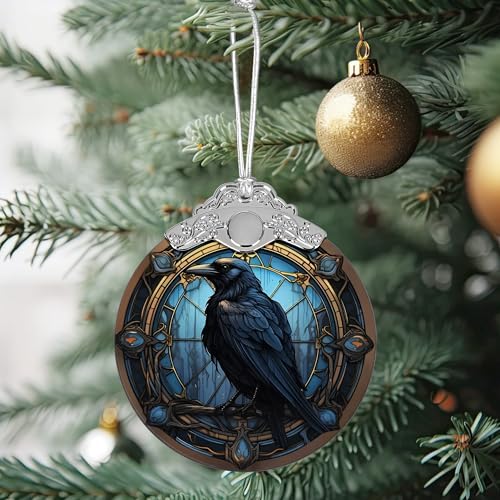 Crow Stained Glass Christmas Ornament, Unique Holiday Tree Decoration