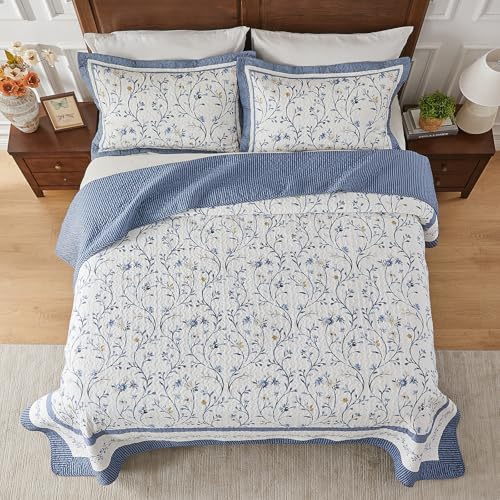 Oversized King Bedspread Set - 100% Cotton Floral Quilt 128x120