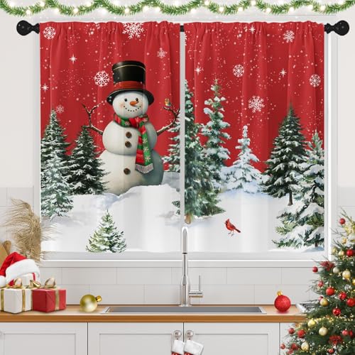 Arttown 2 Pack Christmas Kitchen Curtains 36 in - Winter Snowman