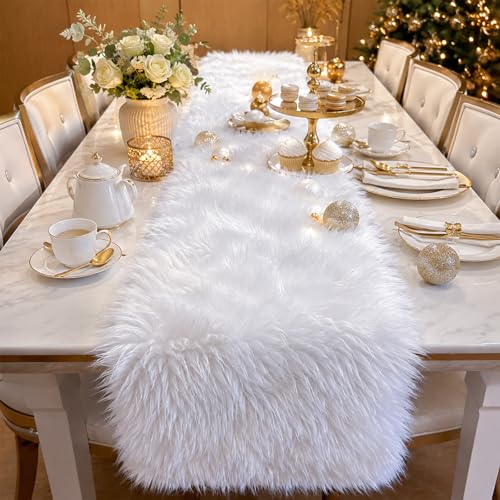 White Faux Fur Table Runner 11.8 x 59.0 Inch - TopAufell Christmas Holiday Decor