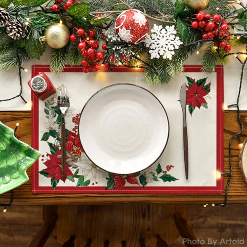 Artoid Mode 12x18 Inch Christmas Placemat Set of 8 Beige & Red Leaves Poinsettia Seasonal Table Decor