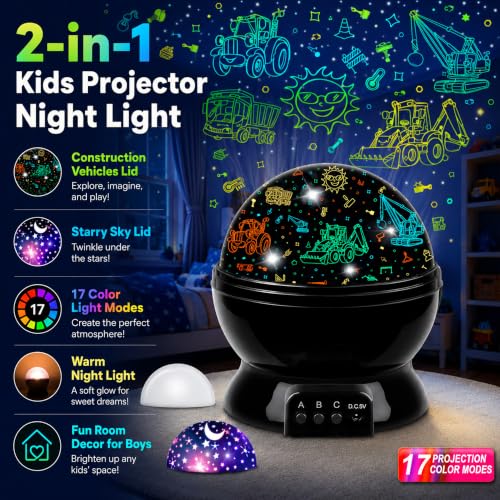 Kids Vehicle & Star Night Light Projector, 360 Rotating LED Bedroom Lamp