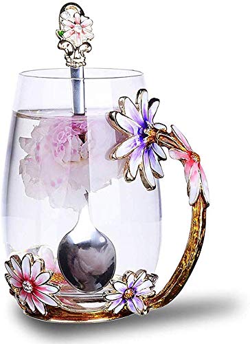 Purple Tall Enamel Flower Glass Coffee Mug with Spoon - Gift for Women