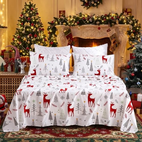 StarBedia Christmas Flannel Sheet Set King 100% Cotton Deep 16" Pocket Gray Deer
