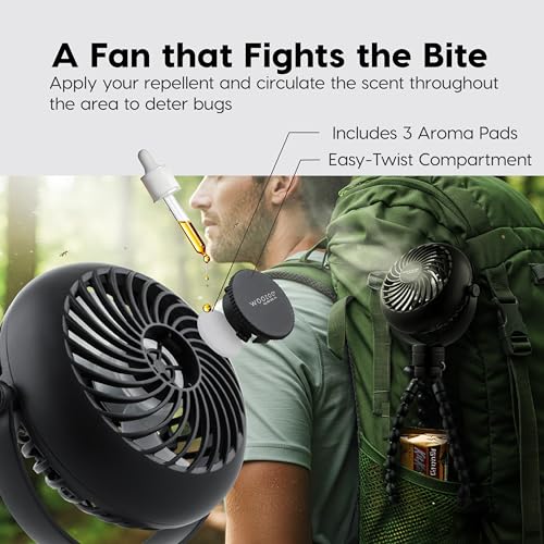 IRIS USA WOOZOO 3.5" Cordless Portable Personal Fan with Flexible Tripod Stand, 10-Hour Runtime, 360¡Æ Tilt, 3 Speeds, LED Light, Mosquito Repellent Tray, USB-C Charging, for Indoor/Outdoor Use, Black