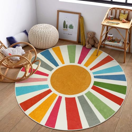 6 Ft Round Sunshine Area Rug, Washable Boho Kids Playroom Carpet